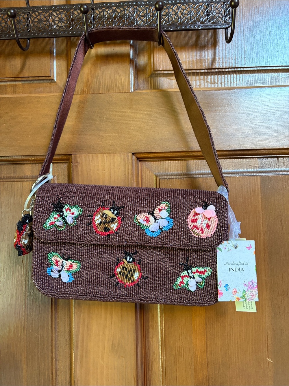 Handcrafted Brown Beaded Butterfly & Lady Bug Shoulder Bag